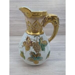 Vintage Porcelain Jug Pitcher Gold Tone Hand Painted Leaves w/ Elephant Handle